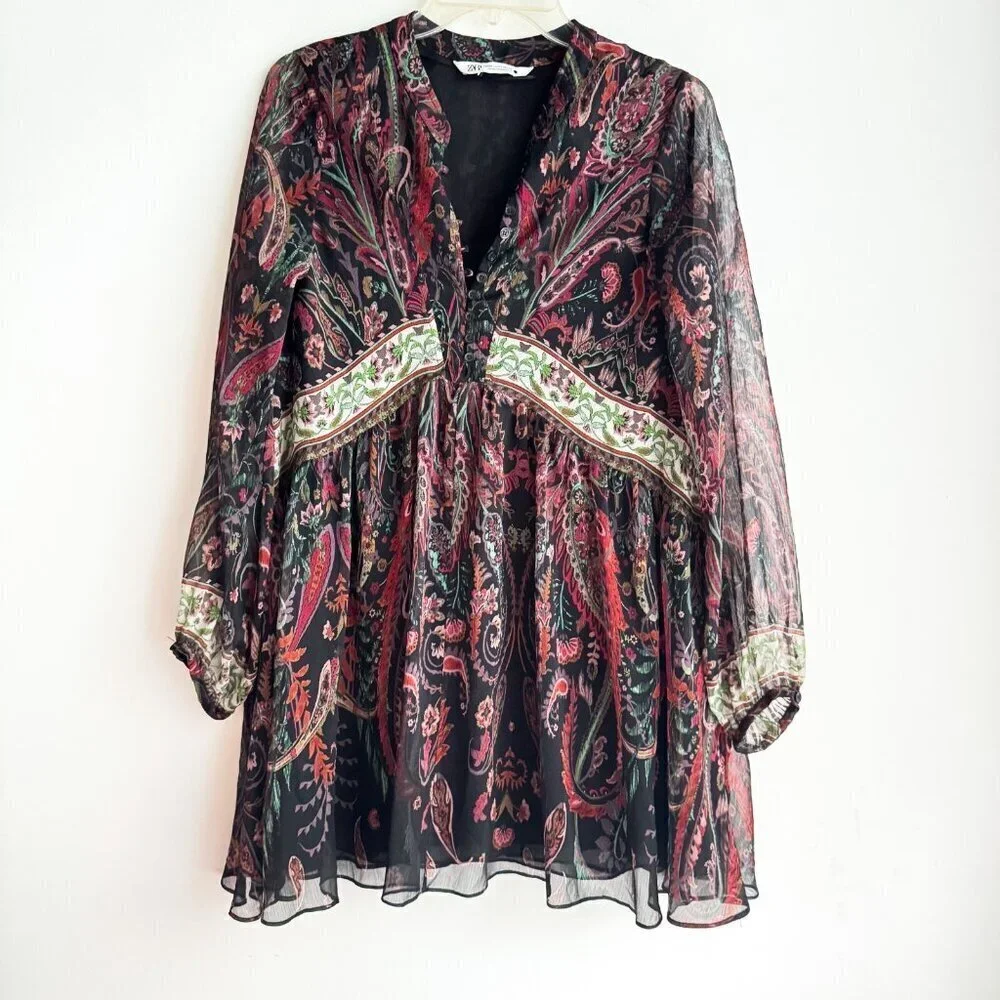 Zara Paisley Print Chiffon Babydoll Mini Dress XS
